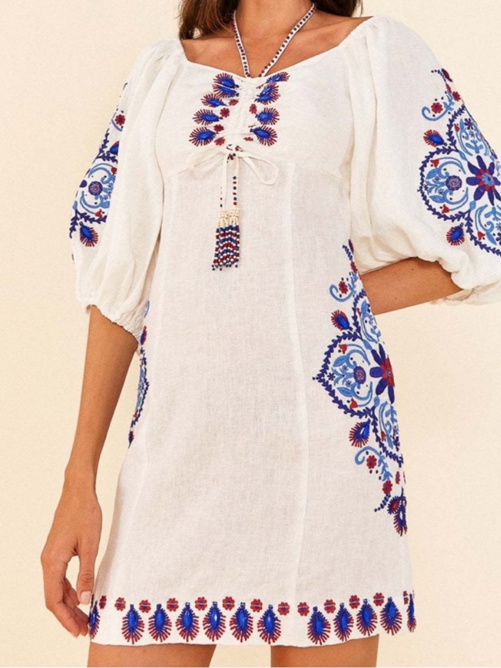 FARM Rio Off-White Navy Embroidery Mini Dress S - Picture 3 of 15